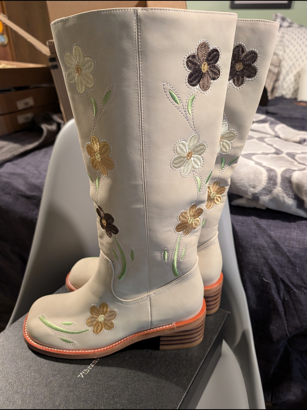 Embroidered Cream Over-the-Knee Boots with Floral Detail
